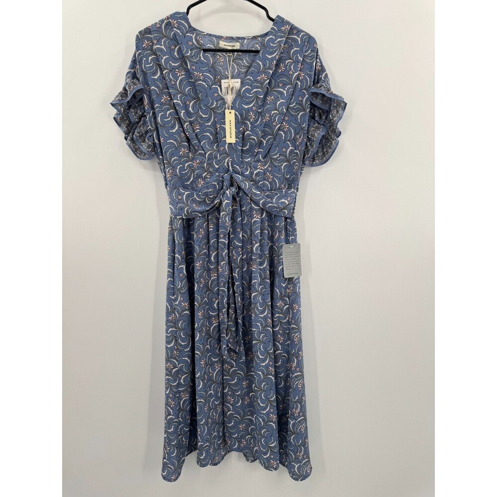 NWT Max Studio Long Midi Dress Women's Small Blue Floral Pleated V-Neck Casual